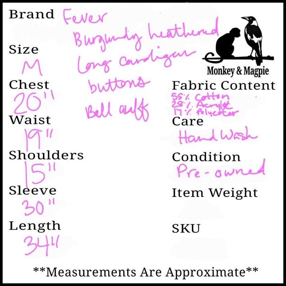 Long Fever Women's Medium Sweater Coat Cardigan Knit Red Burgundy Bell Sleeve - Picture 9 of 9